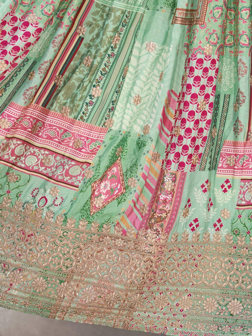 Queen Multicolor Chinnon Silk Green Lehenga choli supplier directory